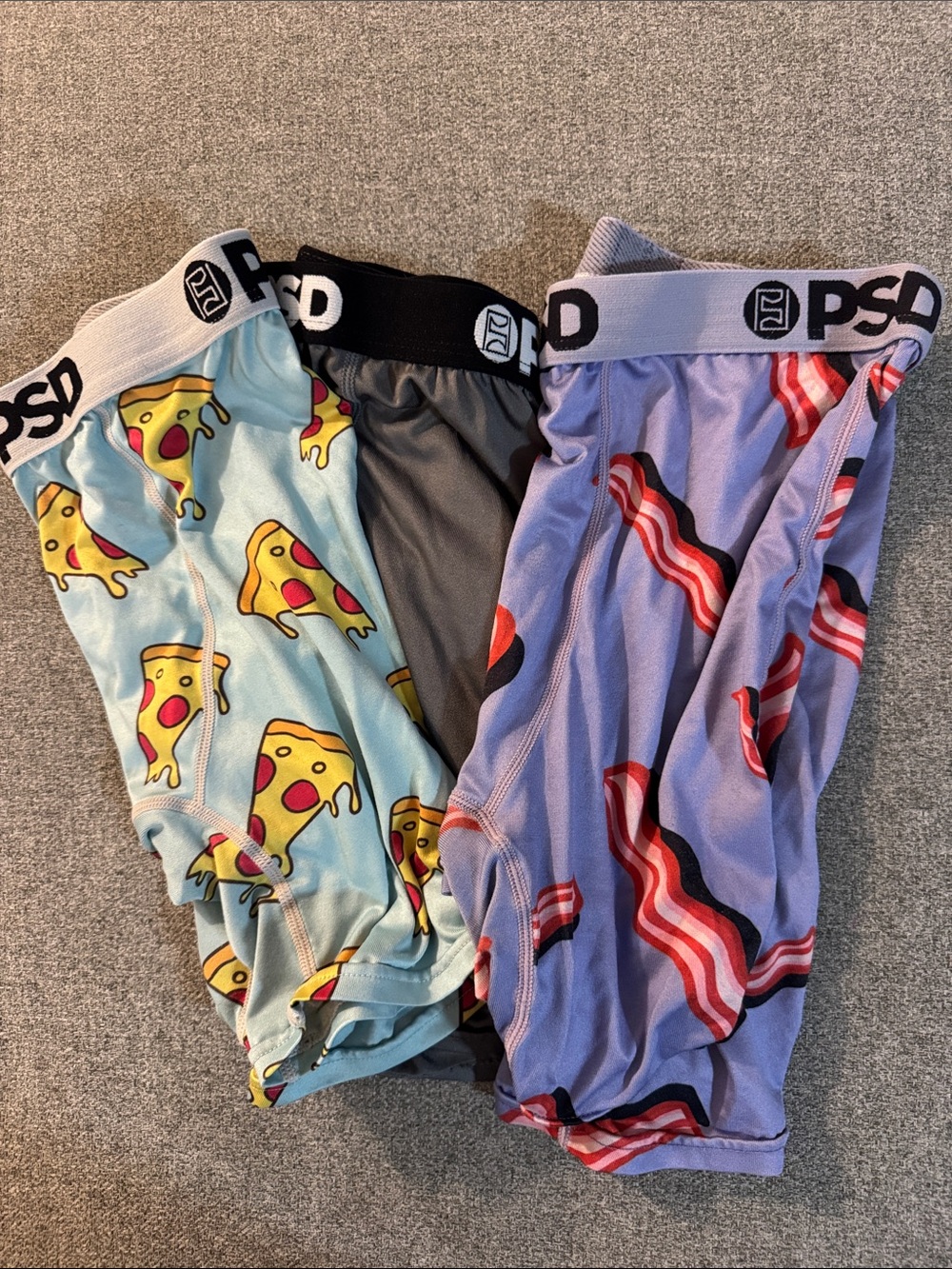 5/$15- PSD Kids boxer brief Trio - Light Blue Pizza, Gray, and bacon size large
